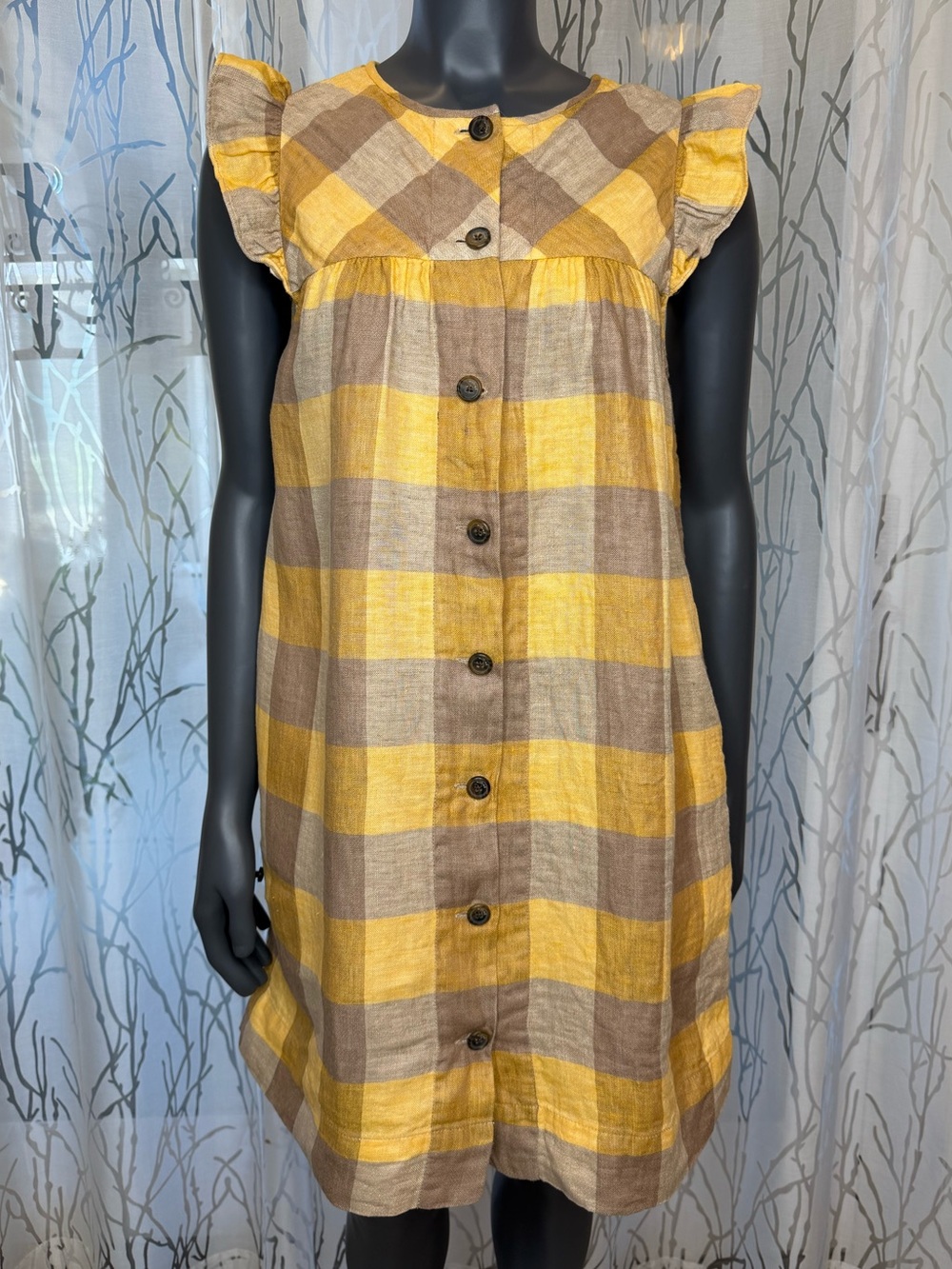 Aritzia Le Fou by Wilfred Searlas Linen Babydoll Gingham Dress Size M
Yellow Tan